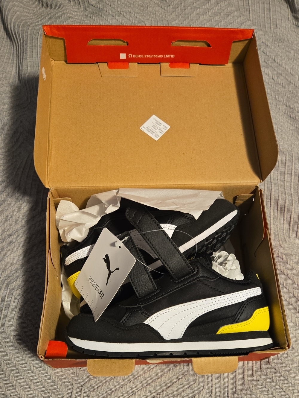 Puma Kids Black White and Yellow Velcro Athletic Sneakers